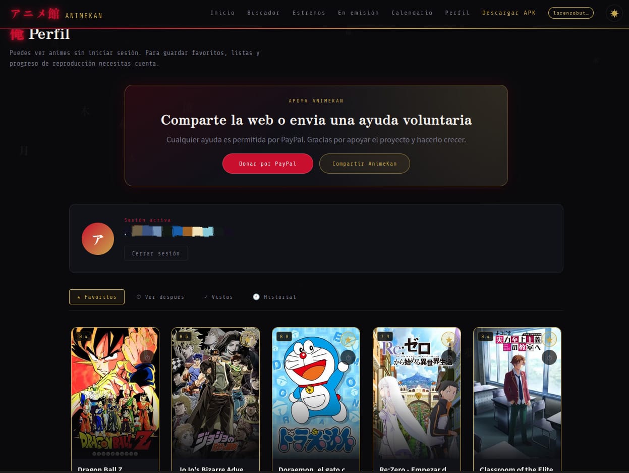 Captura perfil AnimeKan — favoritos y listas